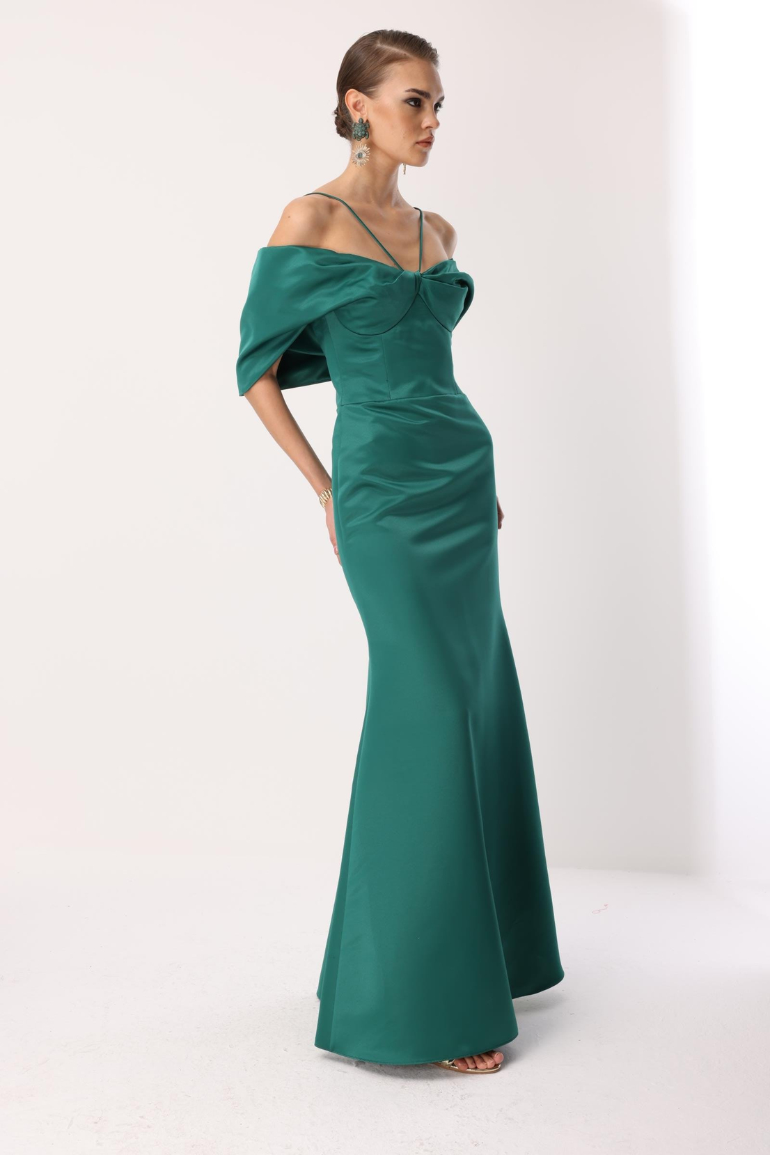 Balık Model Yaka Detaylı Maxi Abiye YEŞİL