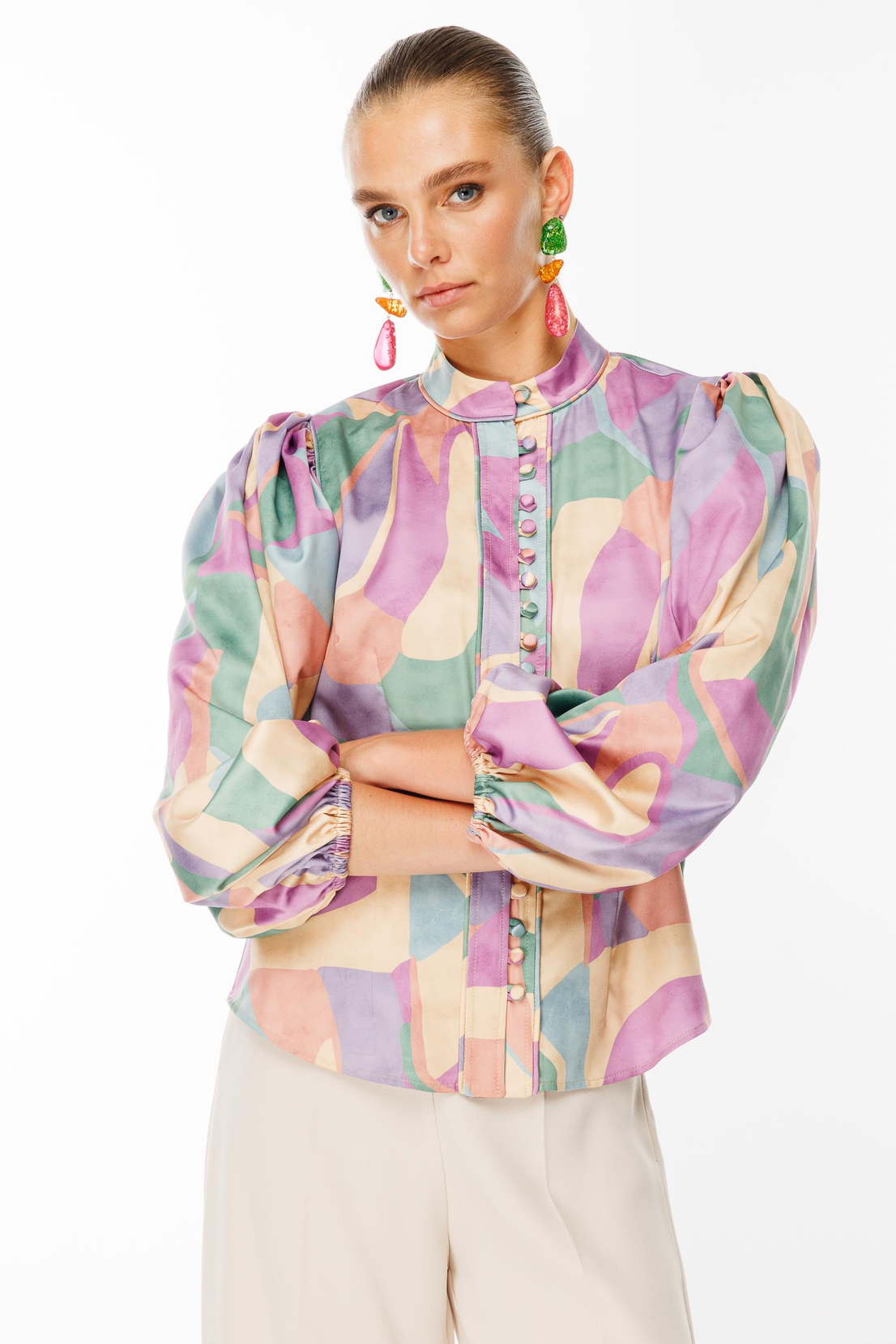 Balon Kol Birit Düğmeli Gömlek DESENLİ