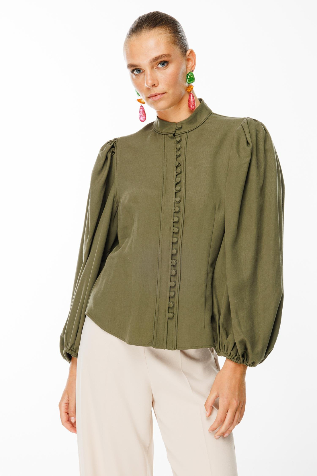 Balon Kol Birit Düğmeli Gömlek HAKİ