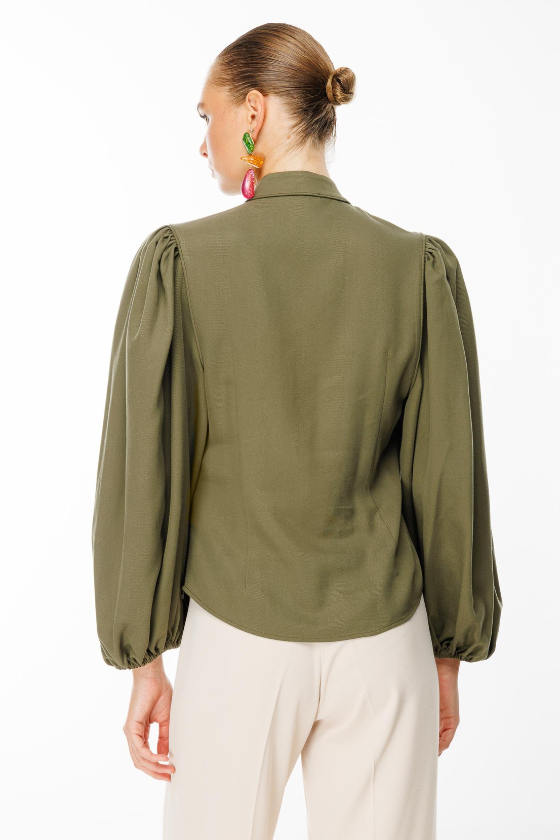 Balon Kol Birit Düğmeli Gömlek HAKİ