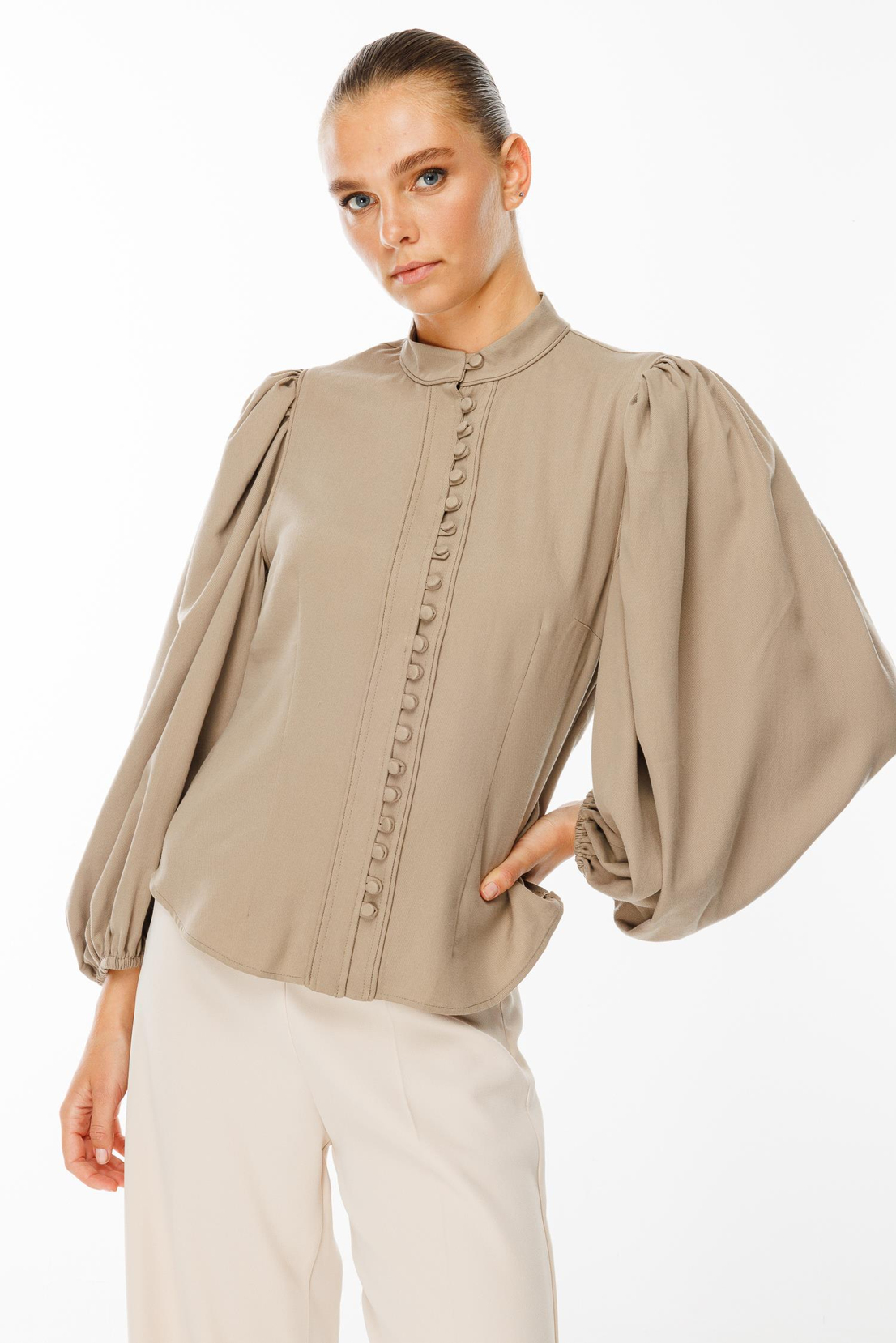 Balon Kol Birit Düğmeli Gömlek VİZON