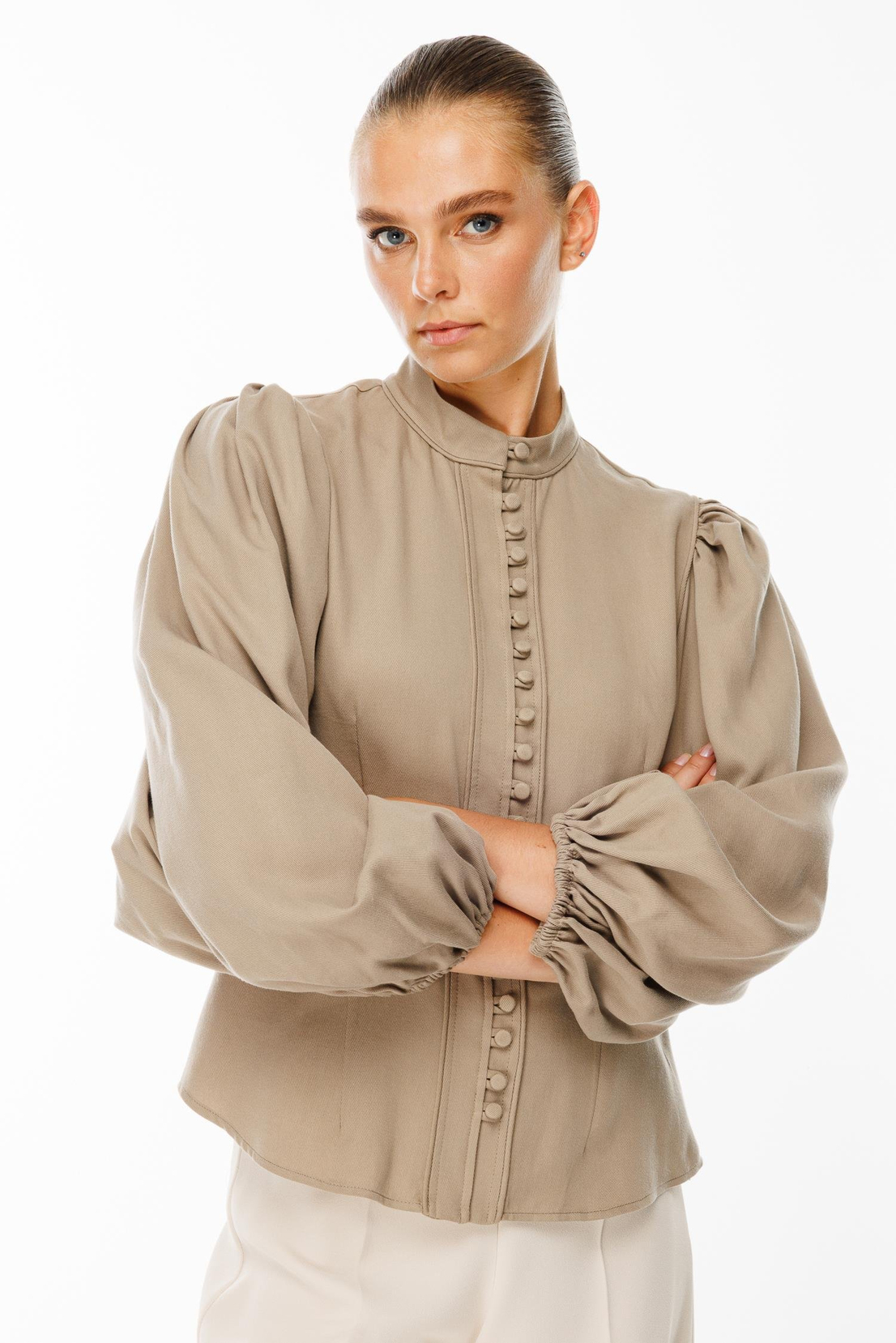 Balon Kol Birit Düğmeli Gömlek VİZON