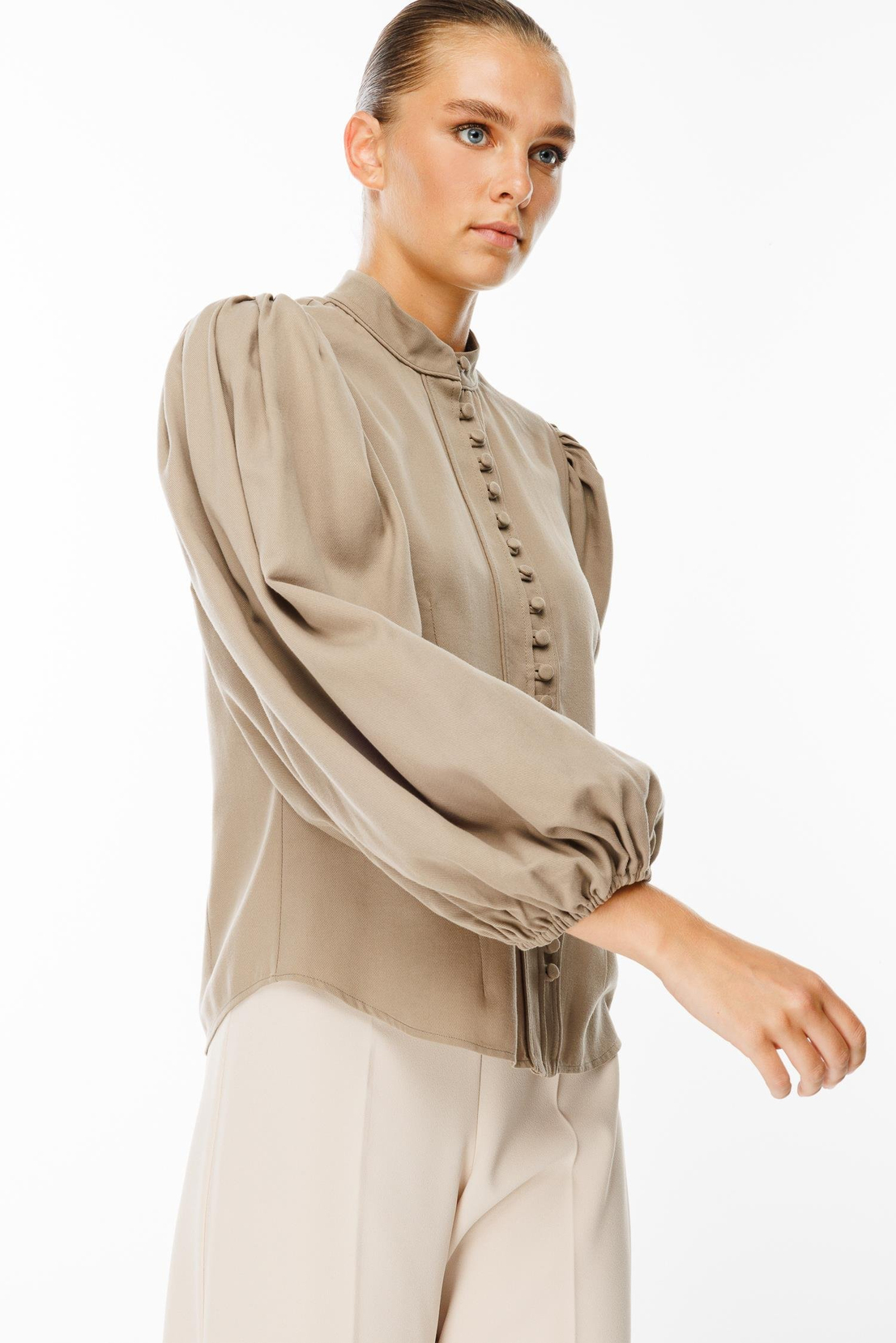 Balon Kol Birit Düğmeli Gömlek VİZON