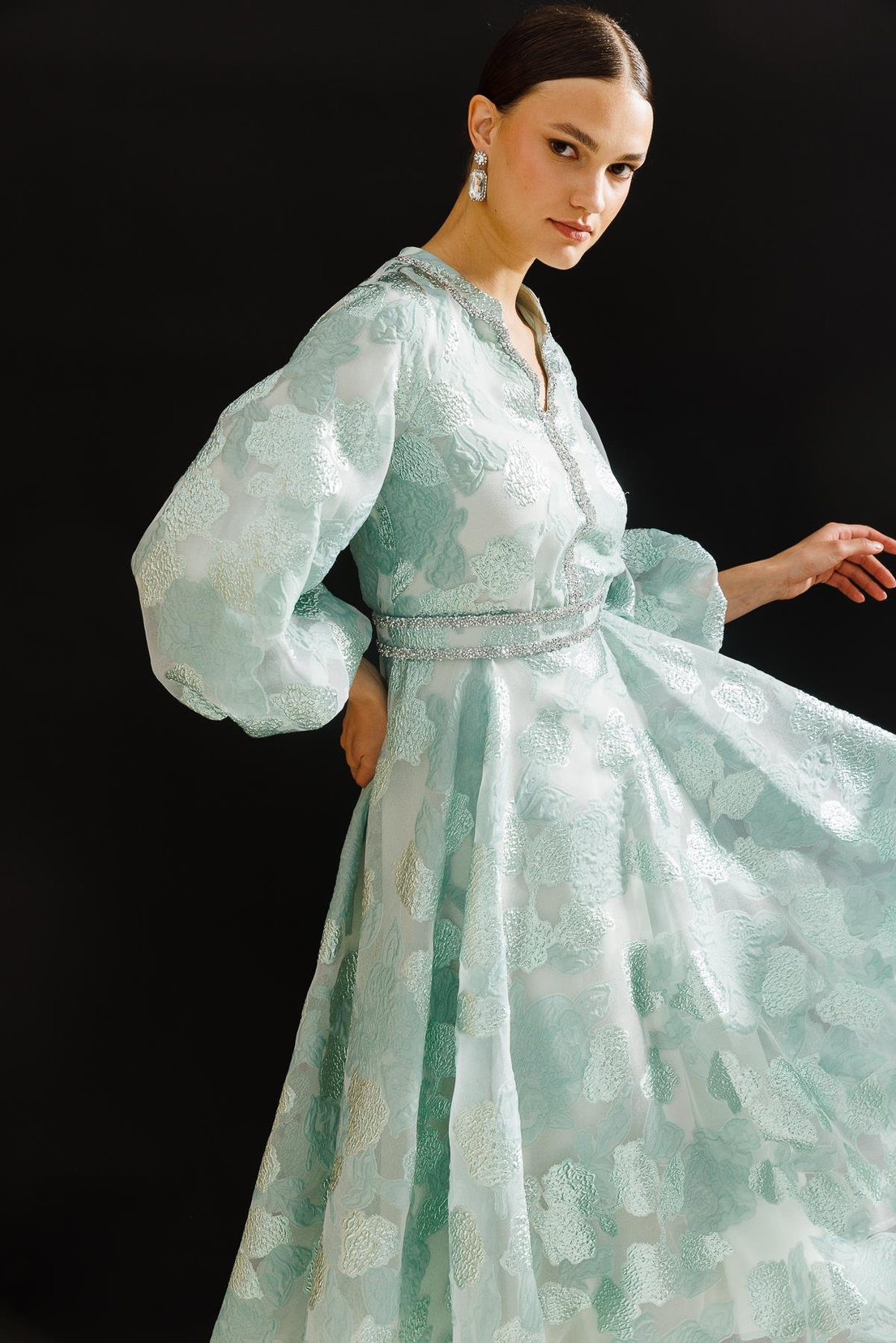 Balon Kol Varaklı Elbise YEŞİL