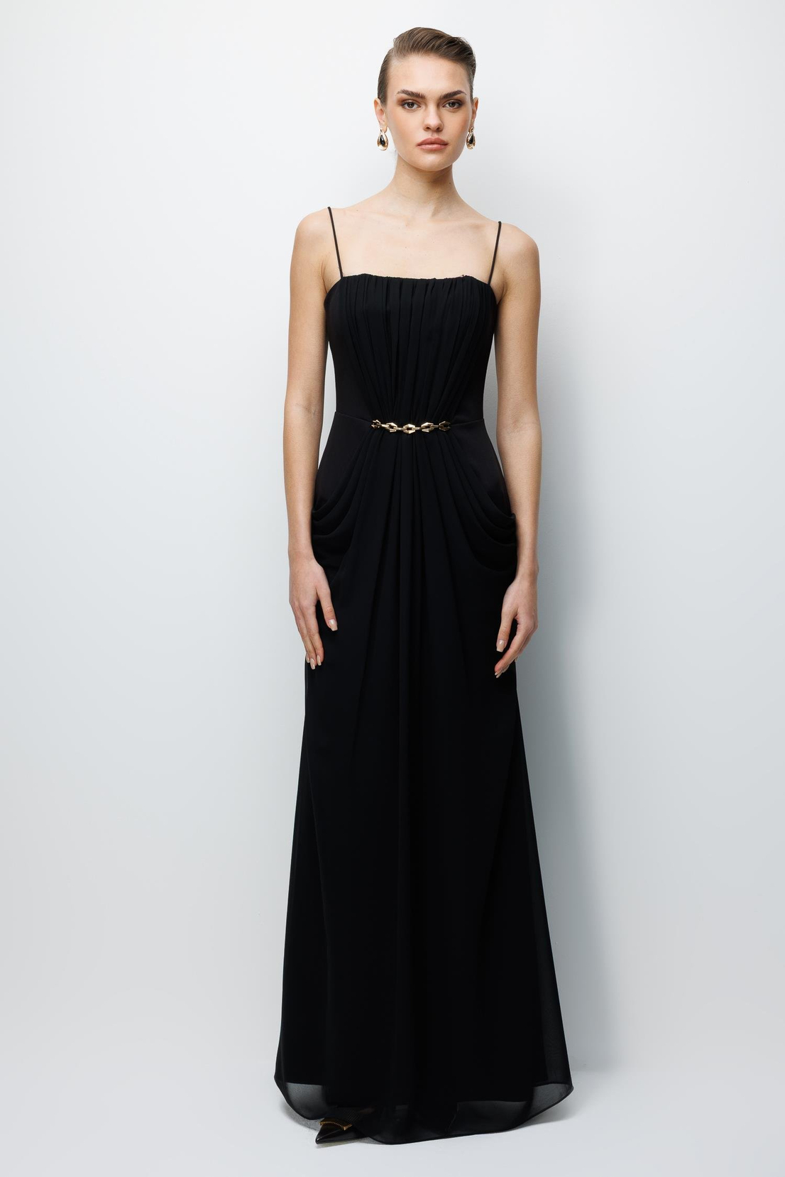 Bel Aksesuar Detaylı Drapeli Maxi Boy Elbise SİYAH