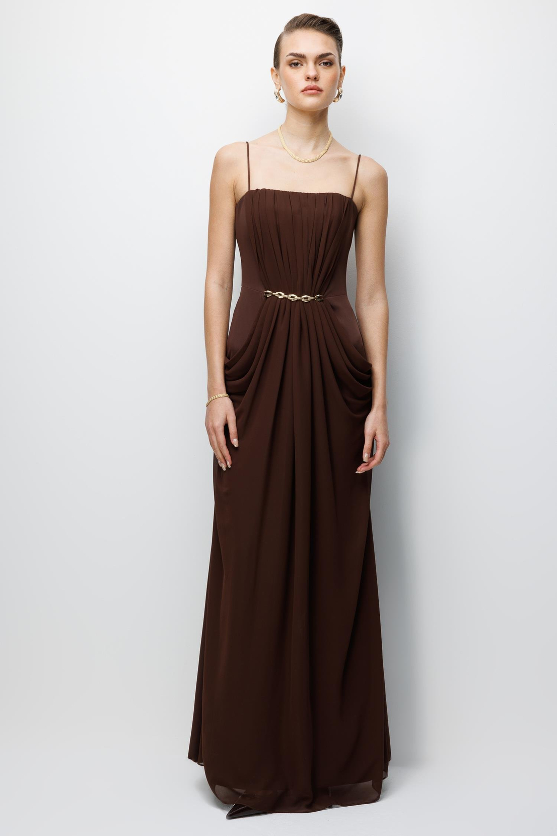 Bel Aksesuar Detaylı Drapeli Maxi Boy Elbise KAHVE
