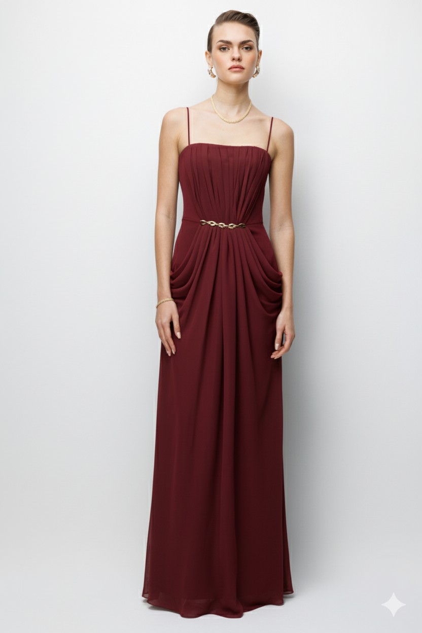 Bel Aksesuar Detaylı Drapeli Maxi Boy Elbise BORDO