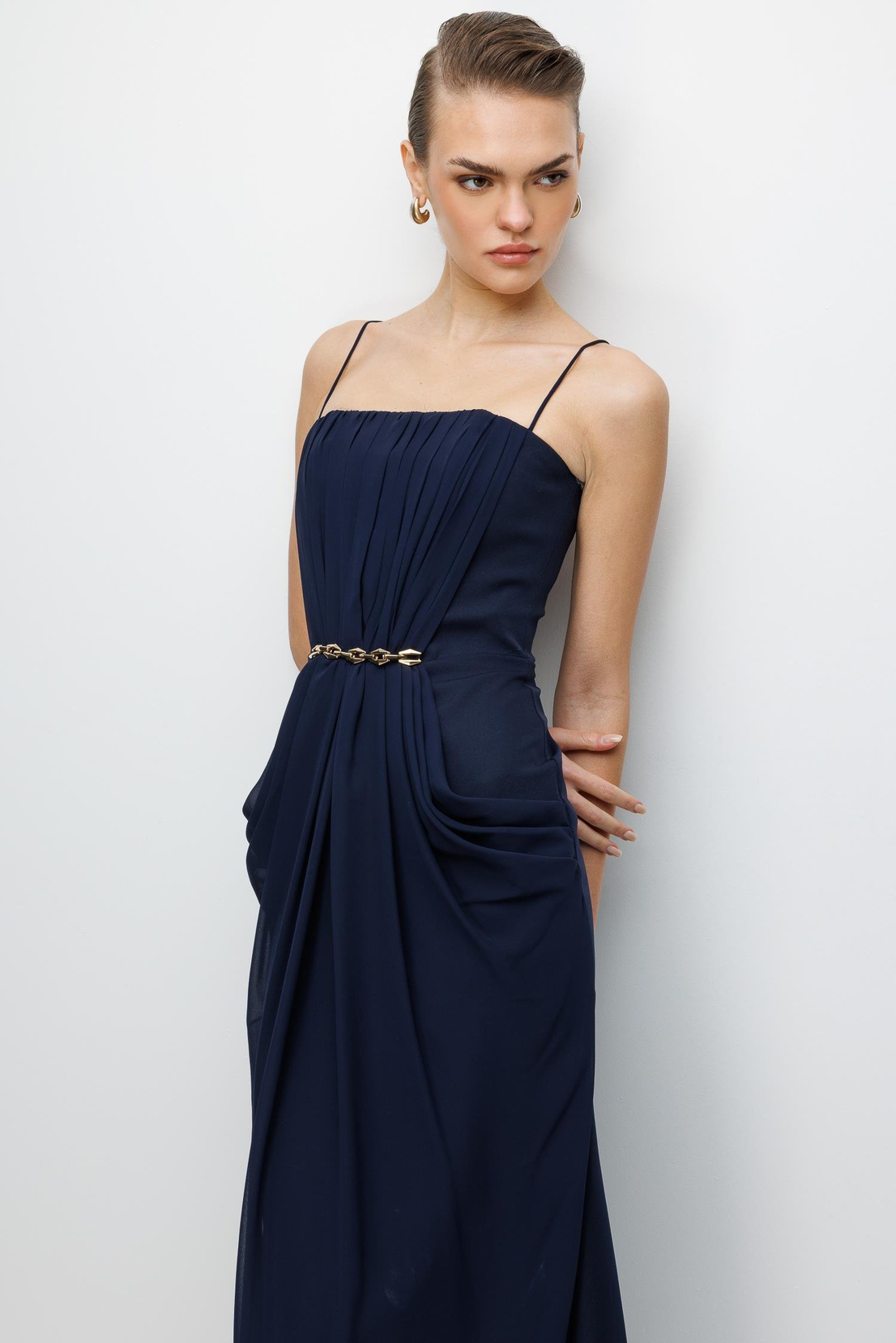 Bel Aksesuar Detaylı Drapeli Maxi Boy Elbise LACİVERT