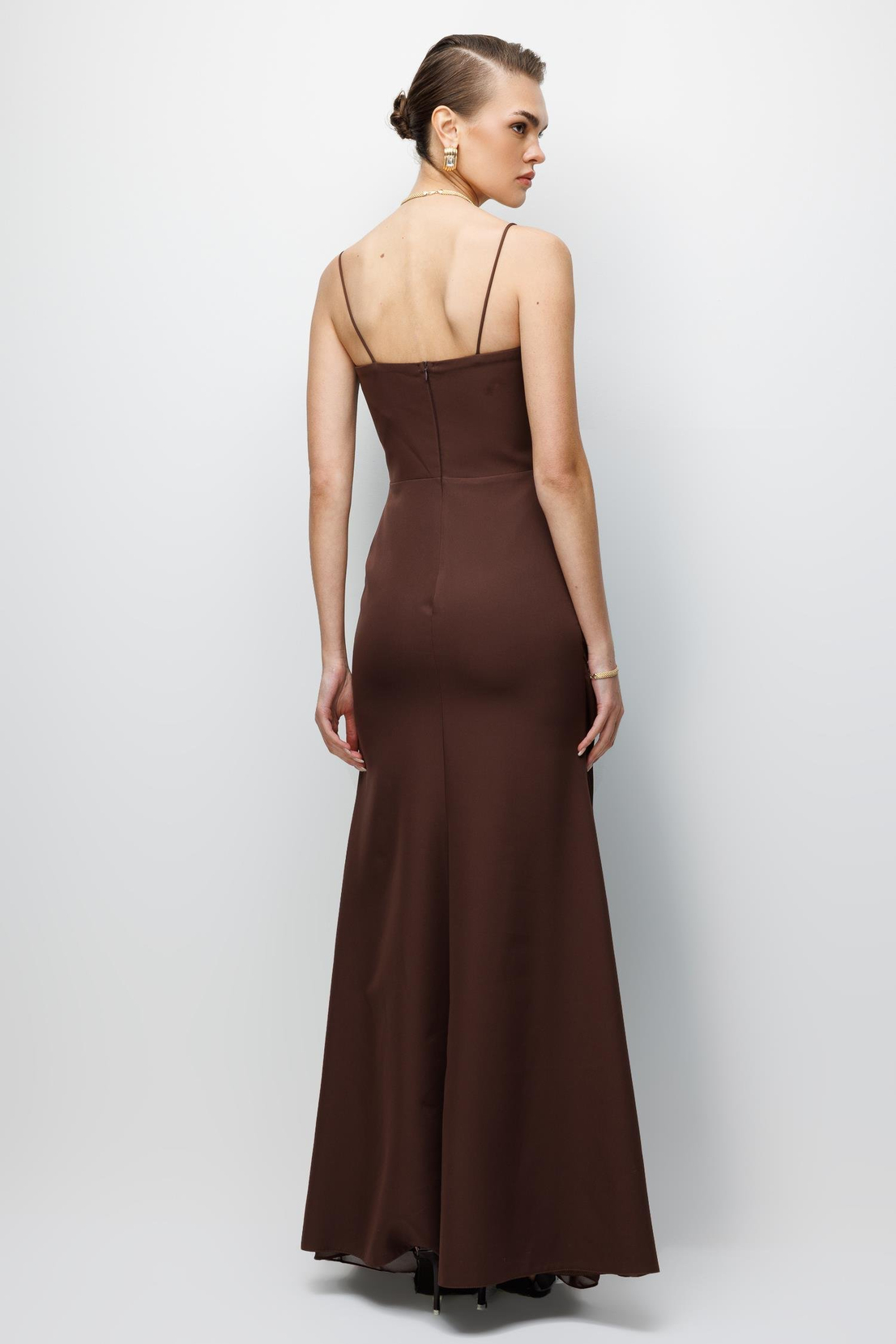 Bel Aksesuar Detaylı Drapeli Maxi Boy Elbise KAHVE