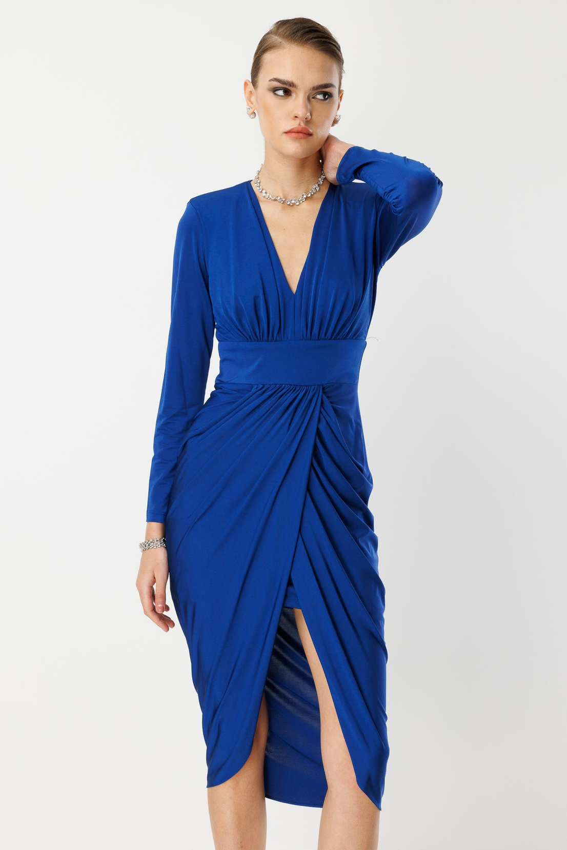Bel Drape Detay Midi Elbise SAKS