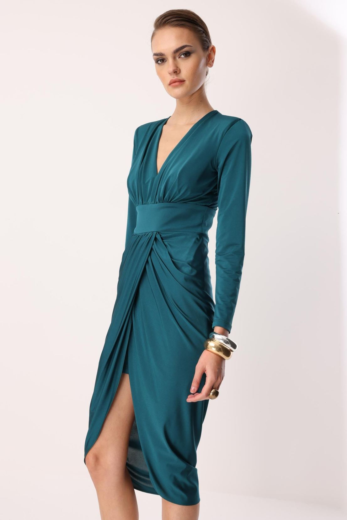 Bel Drape Detay Midi Elbise ZÜMRÜT