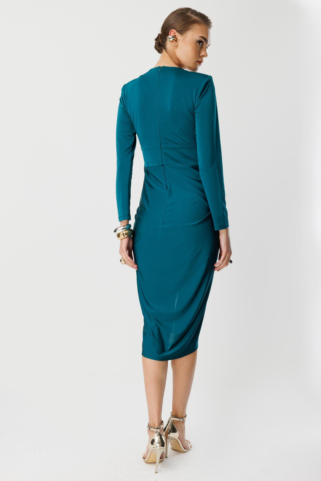 Bel Drape Detay Midi Elbise ZÜMRÜT