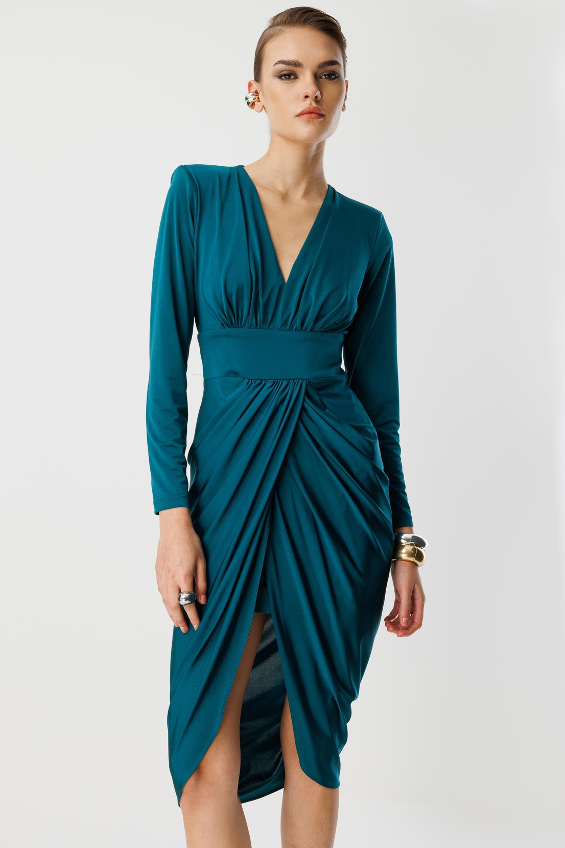 Bel Drape Detay Midi Elbise ZÜMRÜT