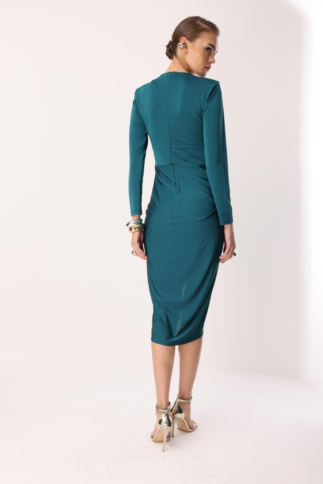 Bel Drape Detay Midi Elbise ZÜMRÜT