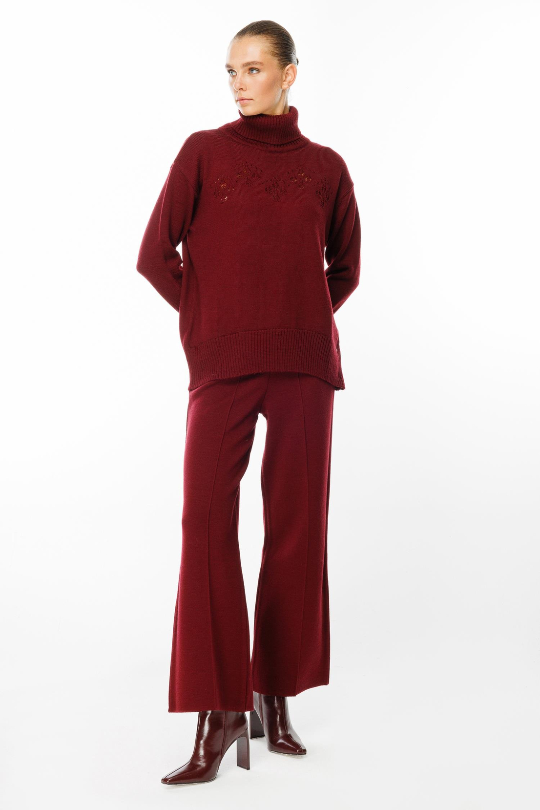 Bel Lastikli Triko Pantolon BORDO