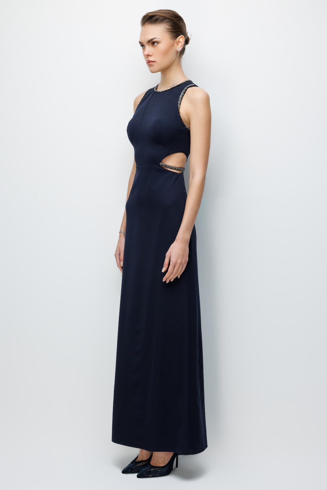 Bel Omuz Örgü Detaylı MAxi Boy Abiye LACİVERT