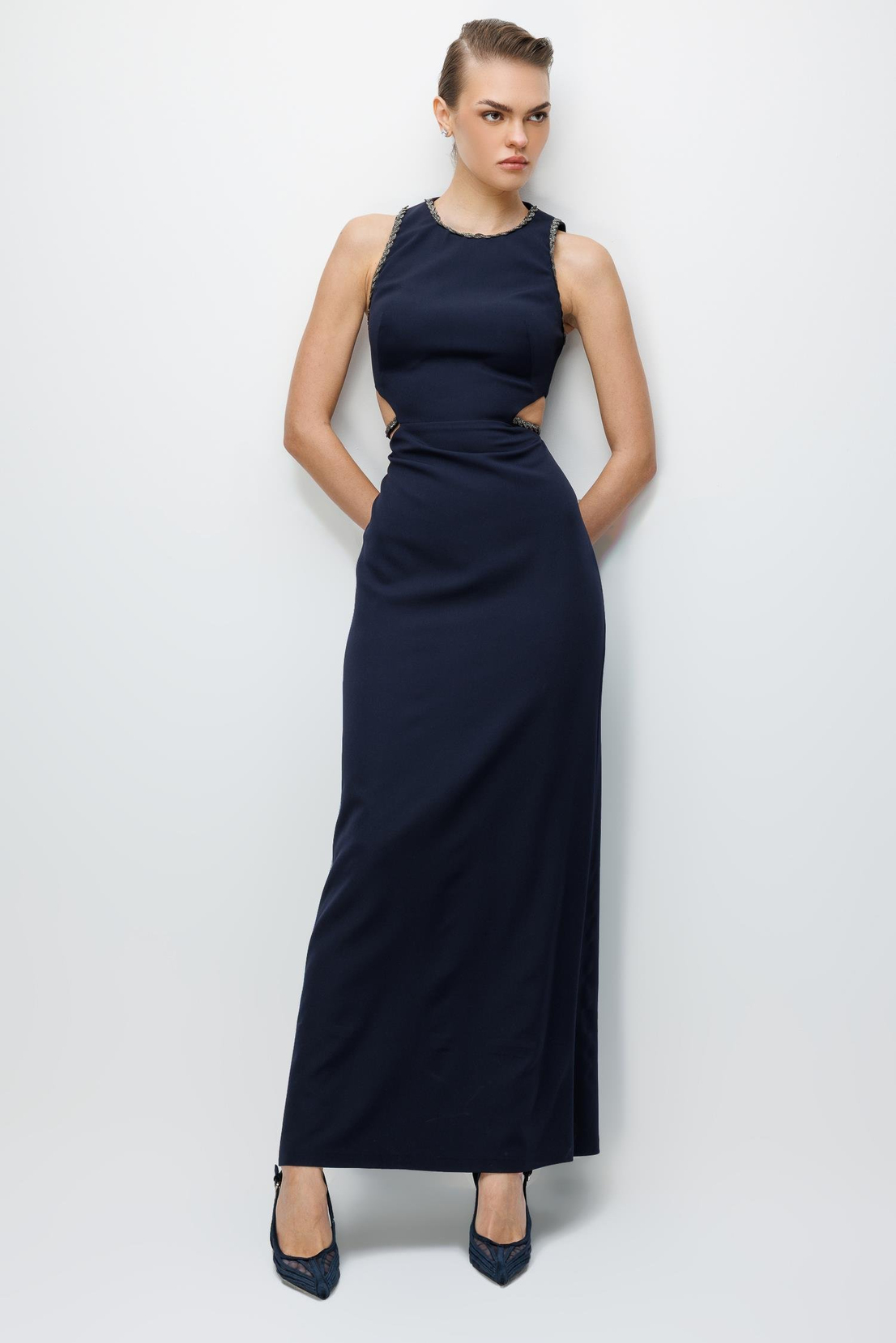 Bel Omuz Örgü Detaylı MAxi Boy Abiye LACİVERT