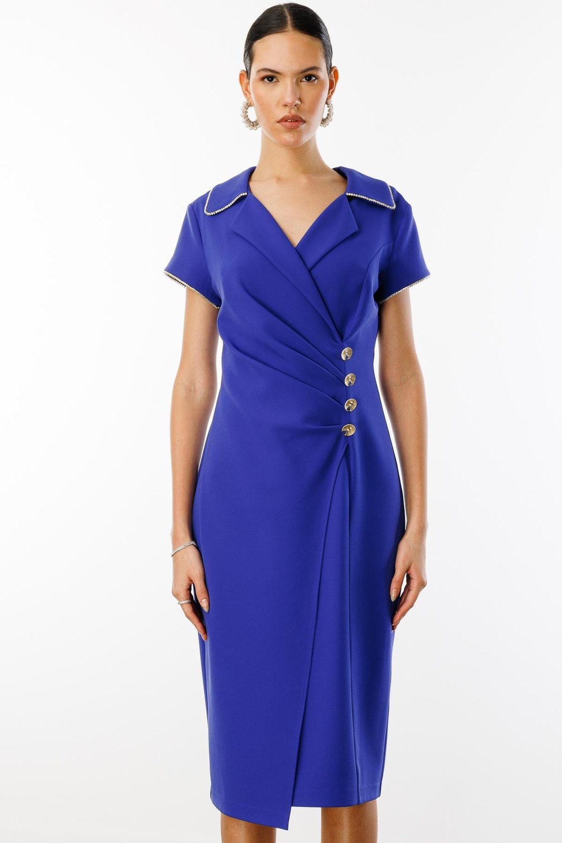 Bel Taş Şerit Büzgü Detay Kruvaze Elbise MOR