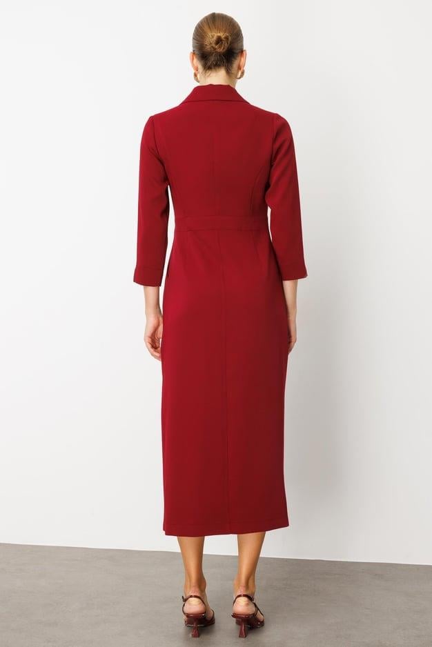 Beli Aksesuarlı Cepli Kruvaze Elbise BORDO