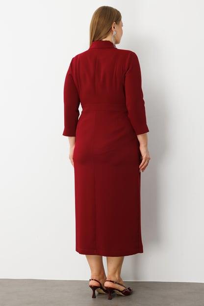 Beli Aksesuarlı Cepli Kruvaze Elbise BORDO