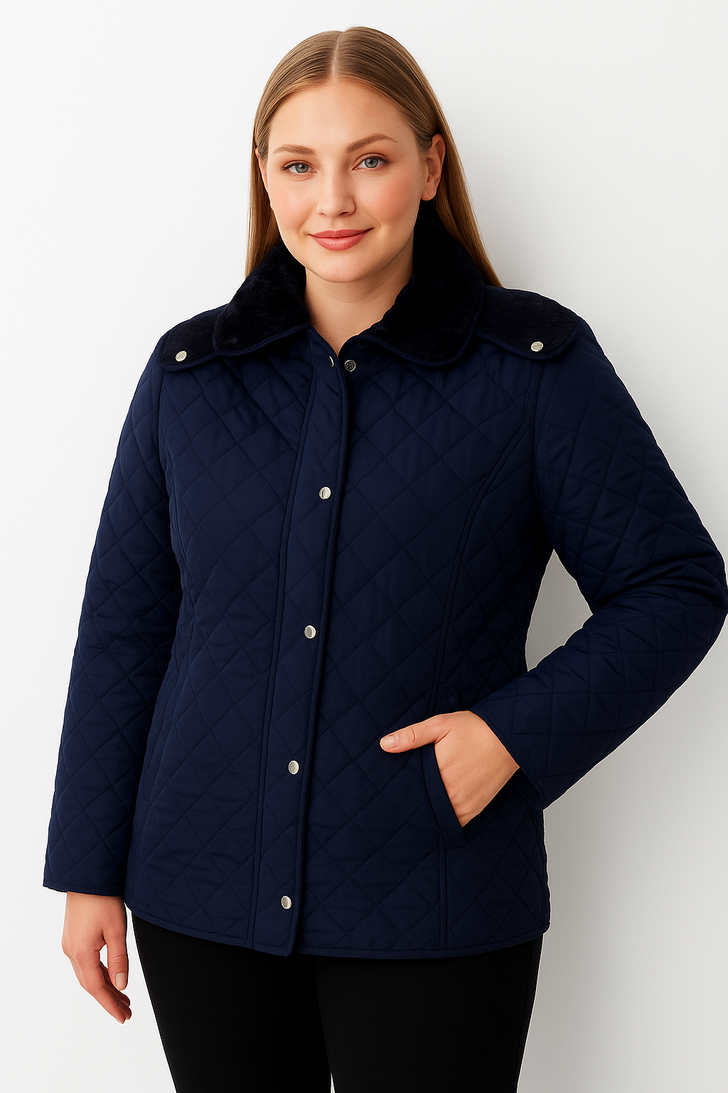 Büyük Beden  Zincir Desen Kapitone Mont LACİVERT