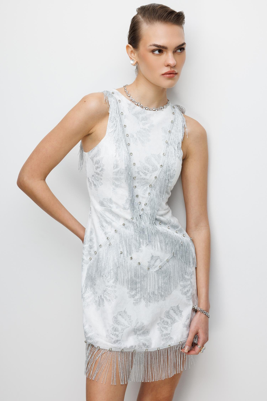 Çiçek Desenli Püskül Ve İşleme Detaylı Mini Elbise EKRU