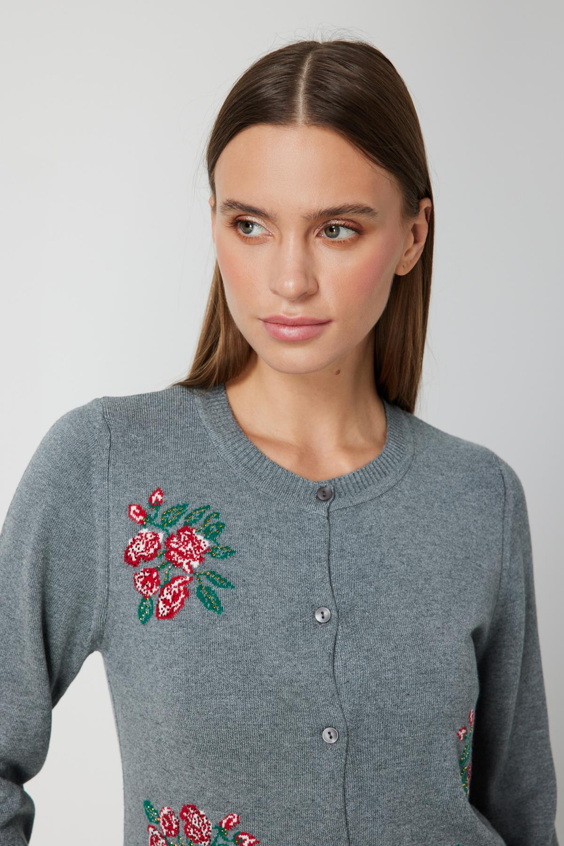 Çiçek Nakışlı Düğmeli Hırka GRİ