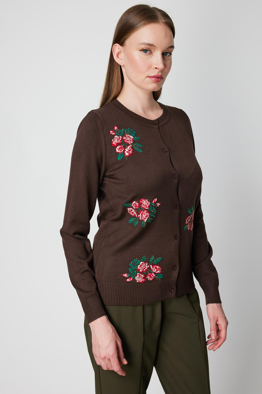 Çiçek Nakışlı Düğmeli Hırka KAHVE