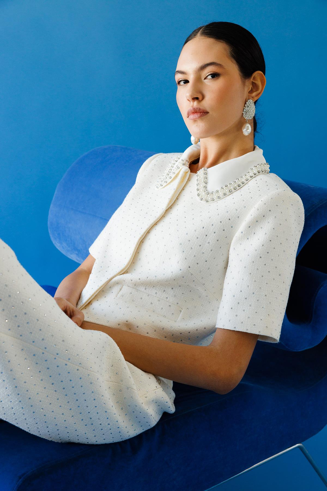 Çıkarılabilir Bebe Yaka Taş İşlemeli Düz Taşlı  Ceket Panolon Takım EKRU