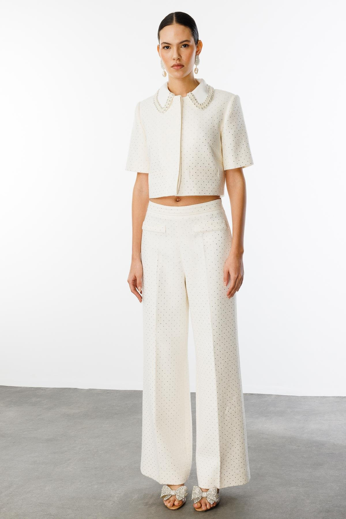 Çıkarılabilir Bebe Yaka Taş İşlemeli Düz Taşlı  Ceket Panolon Takım EKRU