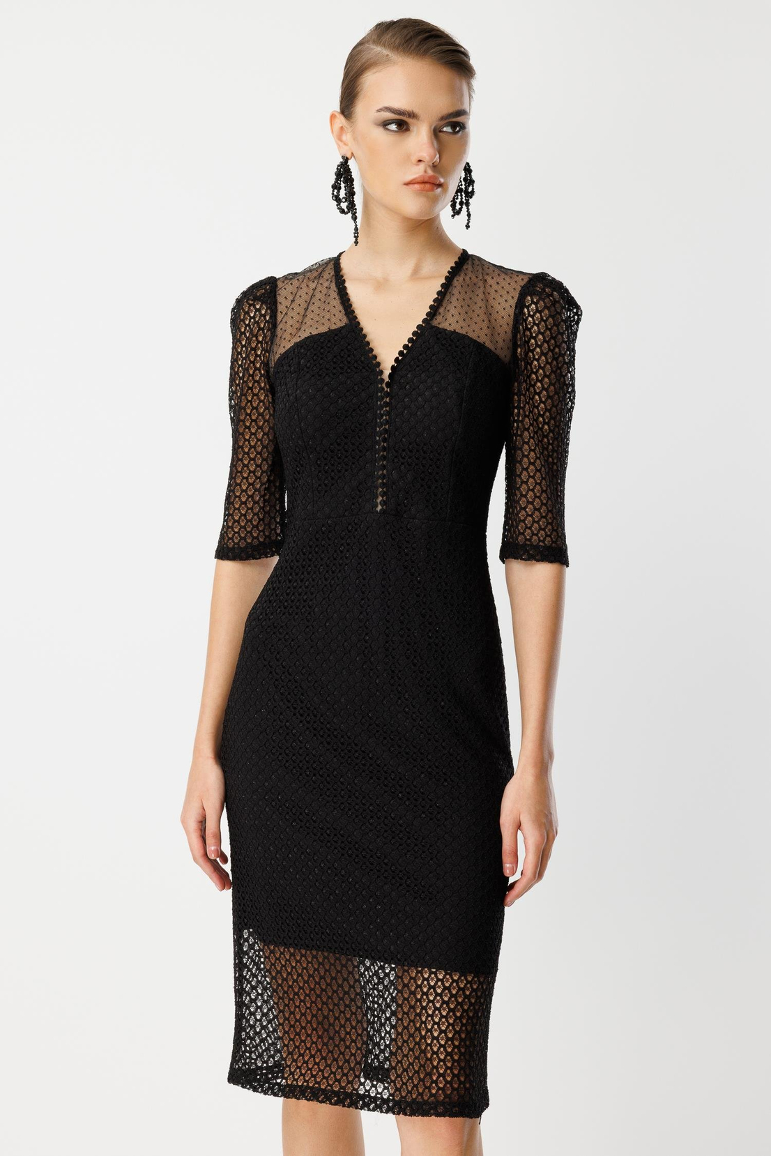 Dantel Detay Midi Elbise SİYAH