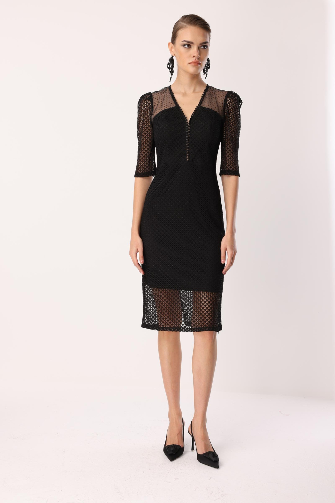 Dantel Detay Midi Elbise SİYAH