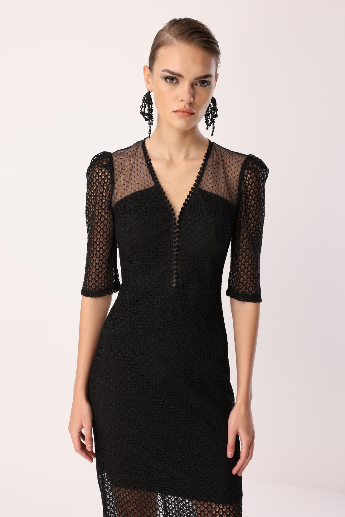 Dantel Detay Midi Elbise SİYAH