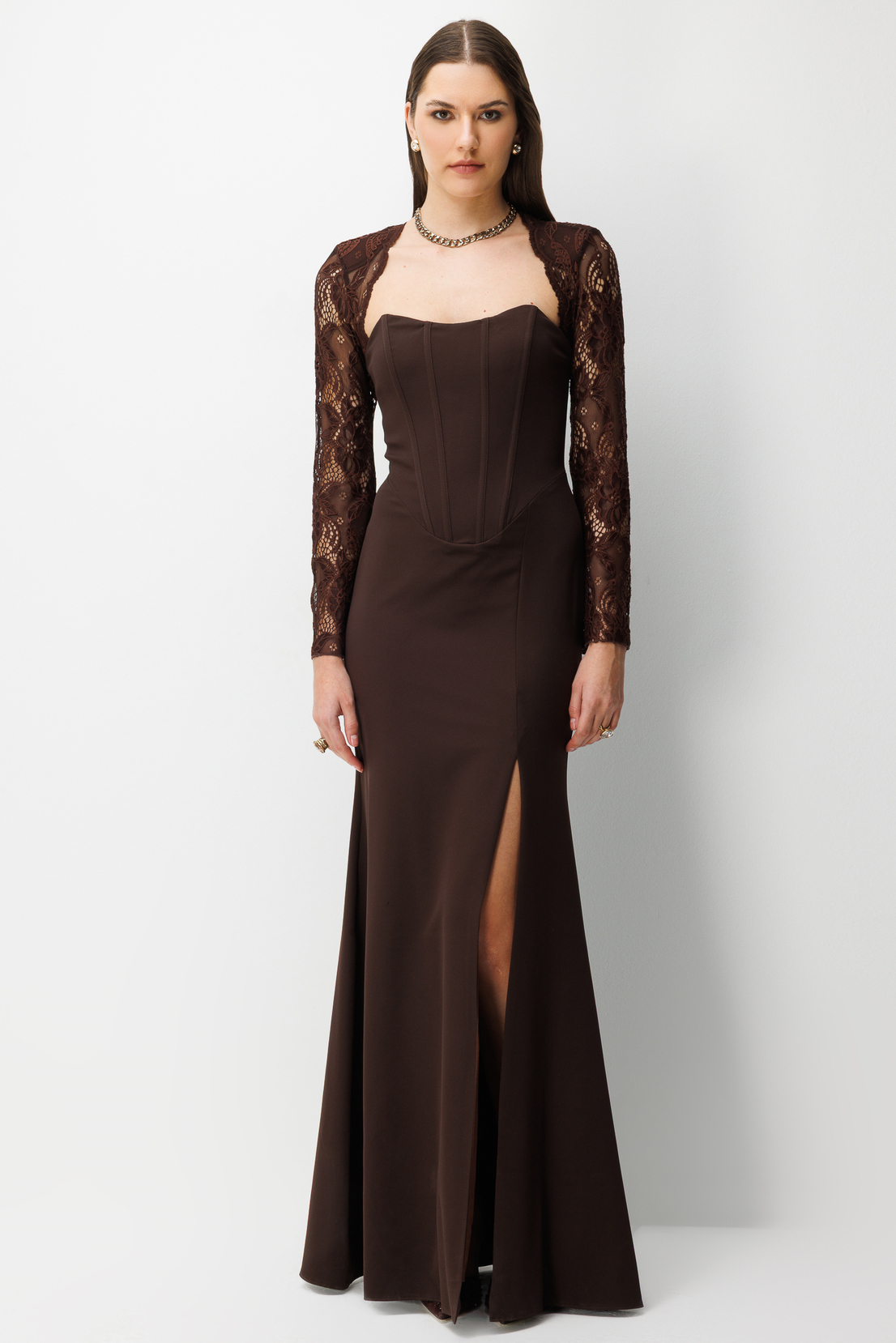 Dantel Detaylı Balık Model Elbise KAHVE