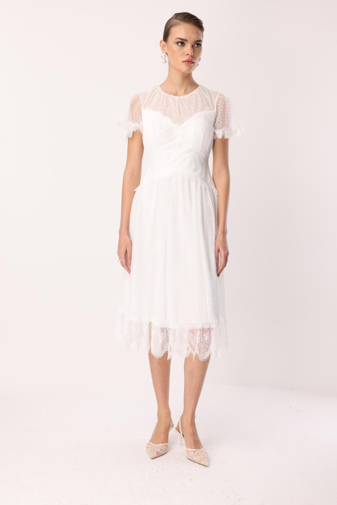 Dantel Garnili Tül Elbise EKRU