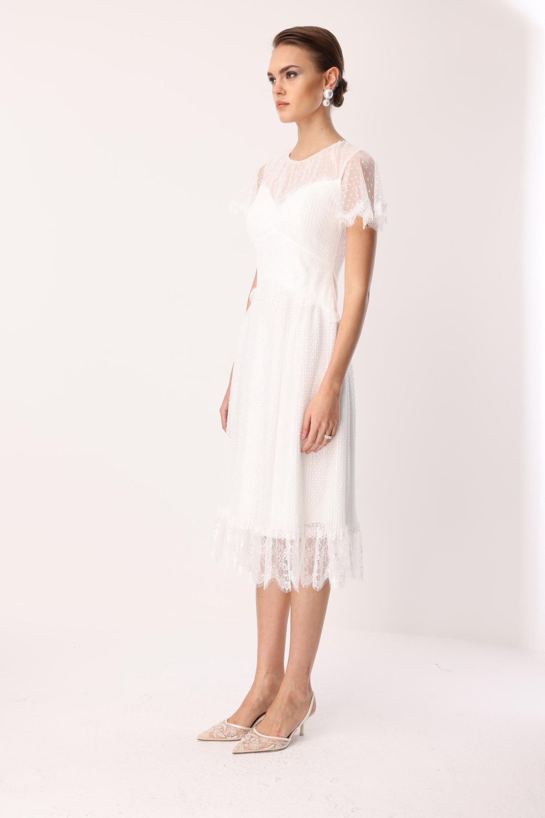 Dantel Garnili Tül Elbise EKRU
