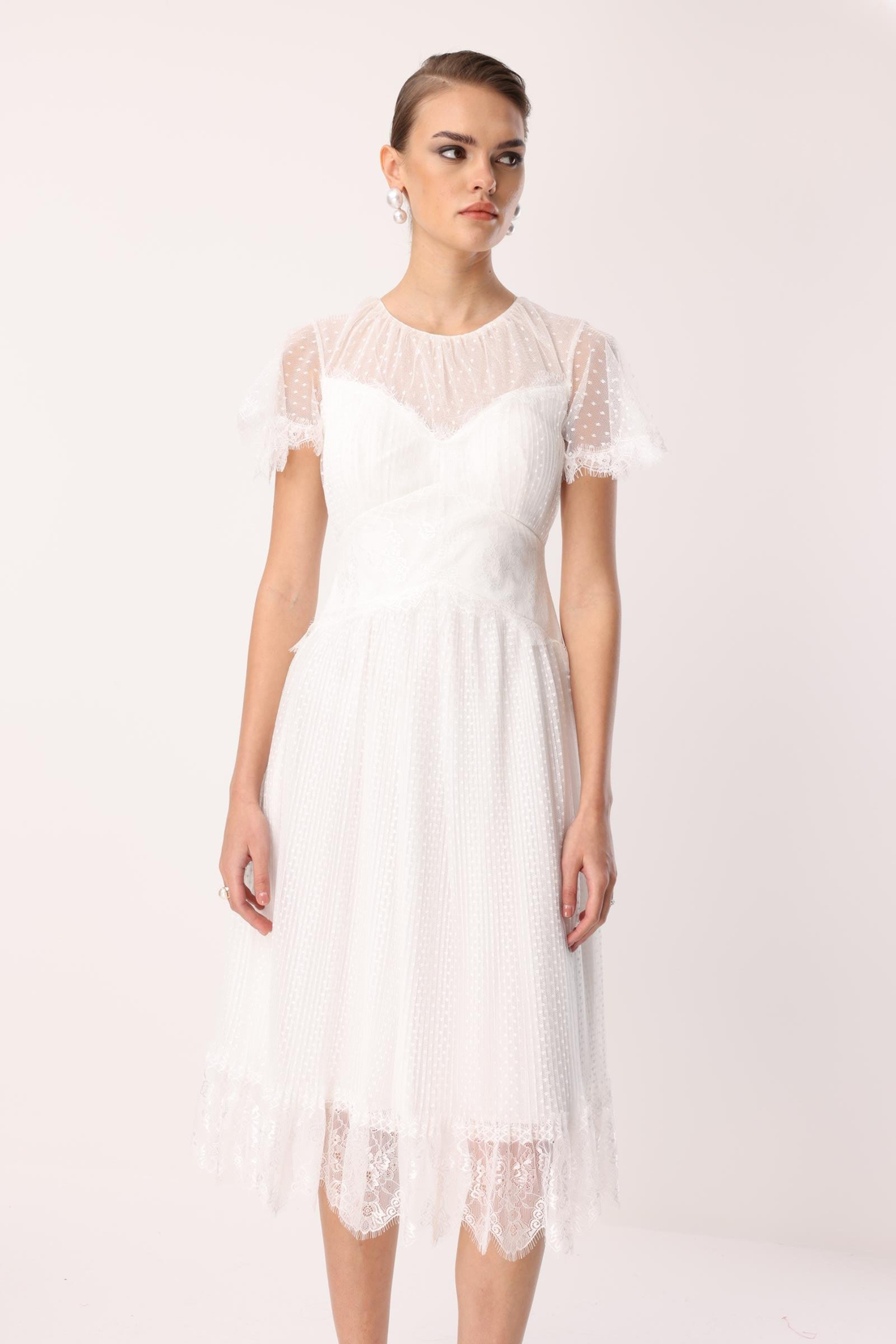 Dantel Garnili Tül Elbise EKRU