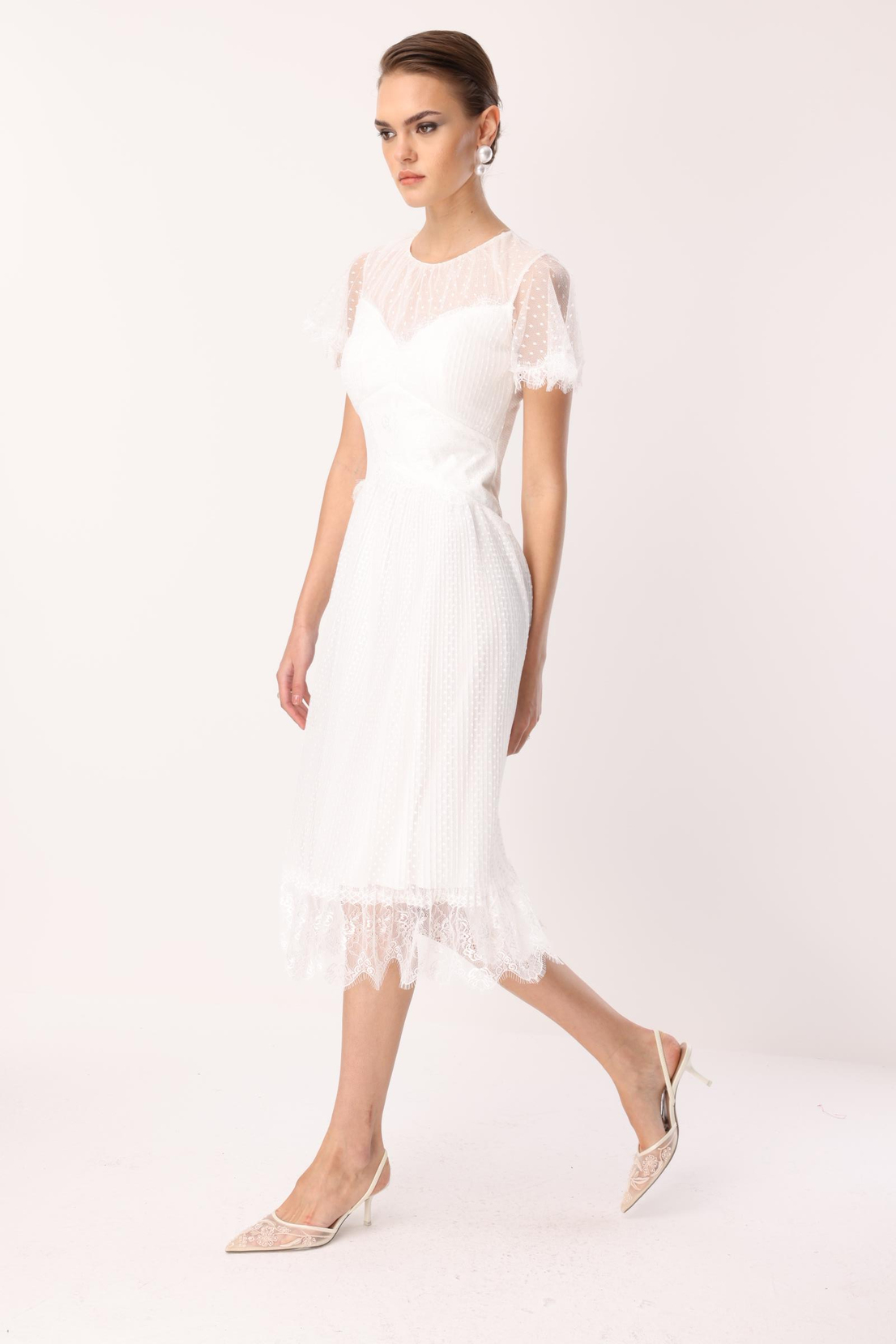 Dantel Garnili Tül Elbise EKRU