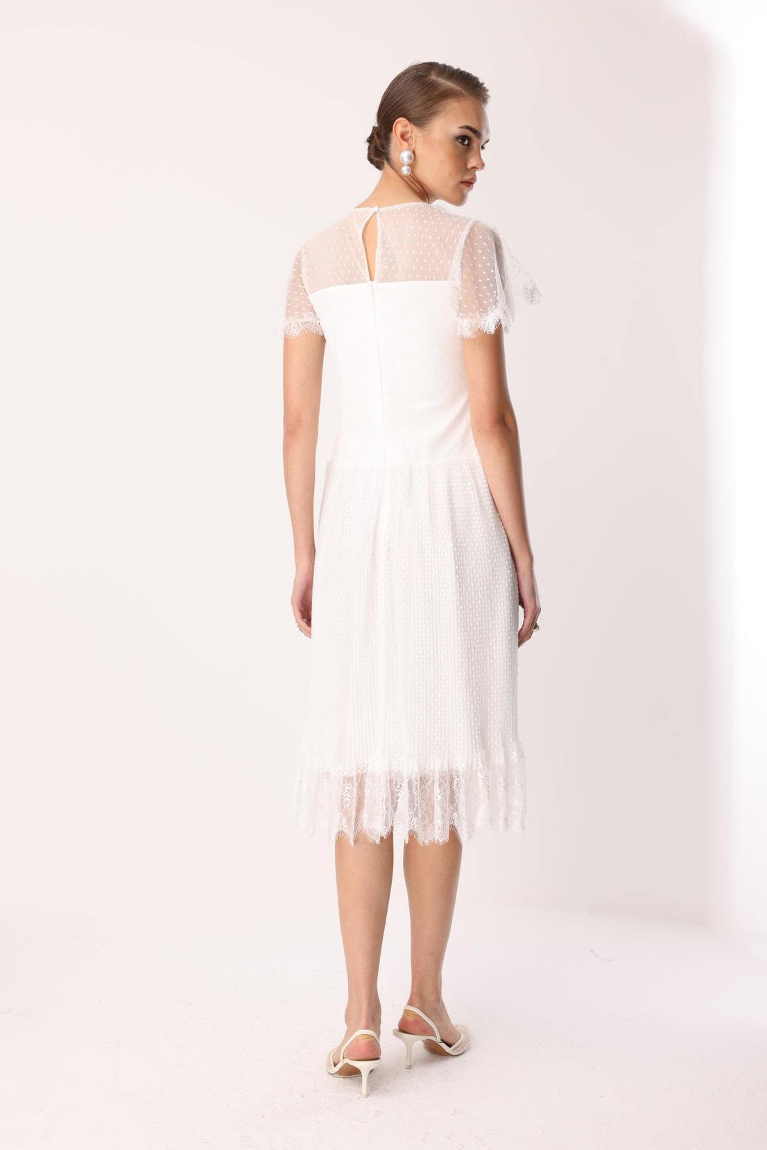Dantel Garnili Tül Elbise EKRU