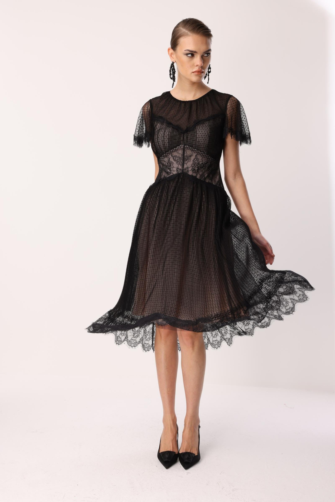 Dantel Garnili Tül Elbise SİYAH