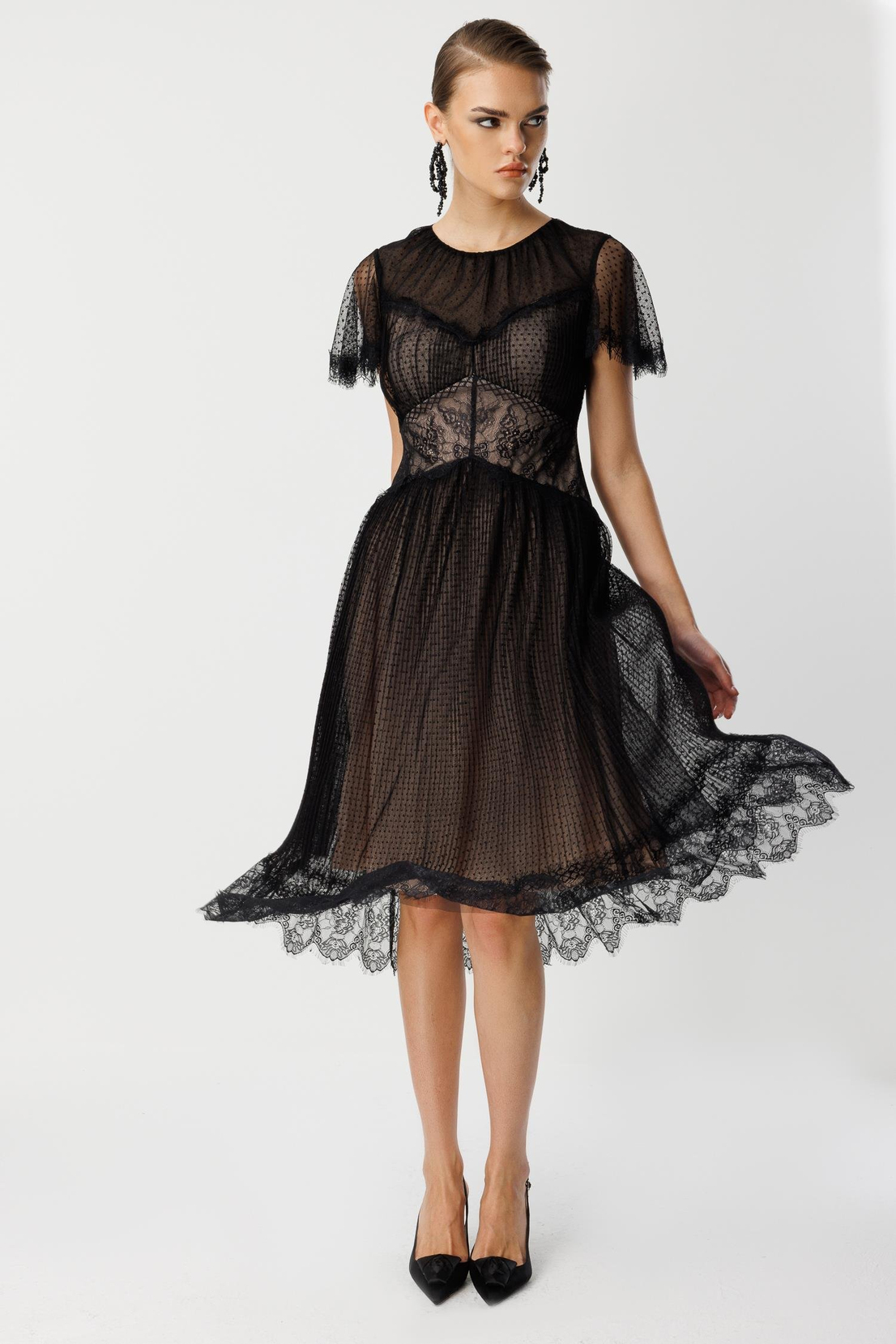 Dantel Garnili Tül Elbise SİYAH