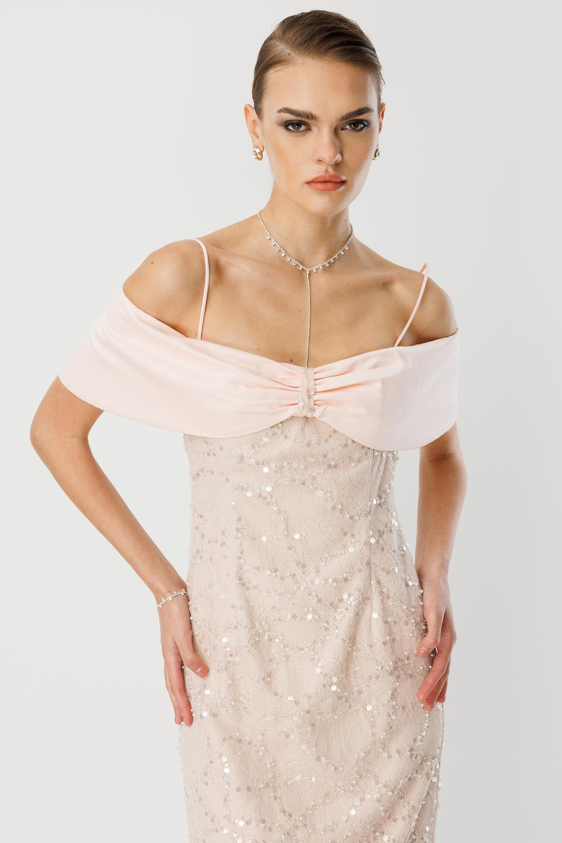 Dantel İşleme Detay Yaka Abiye PUDRA