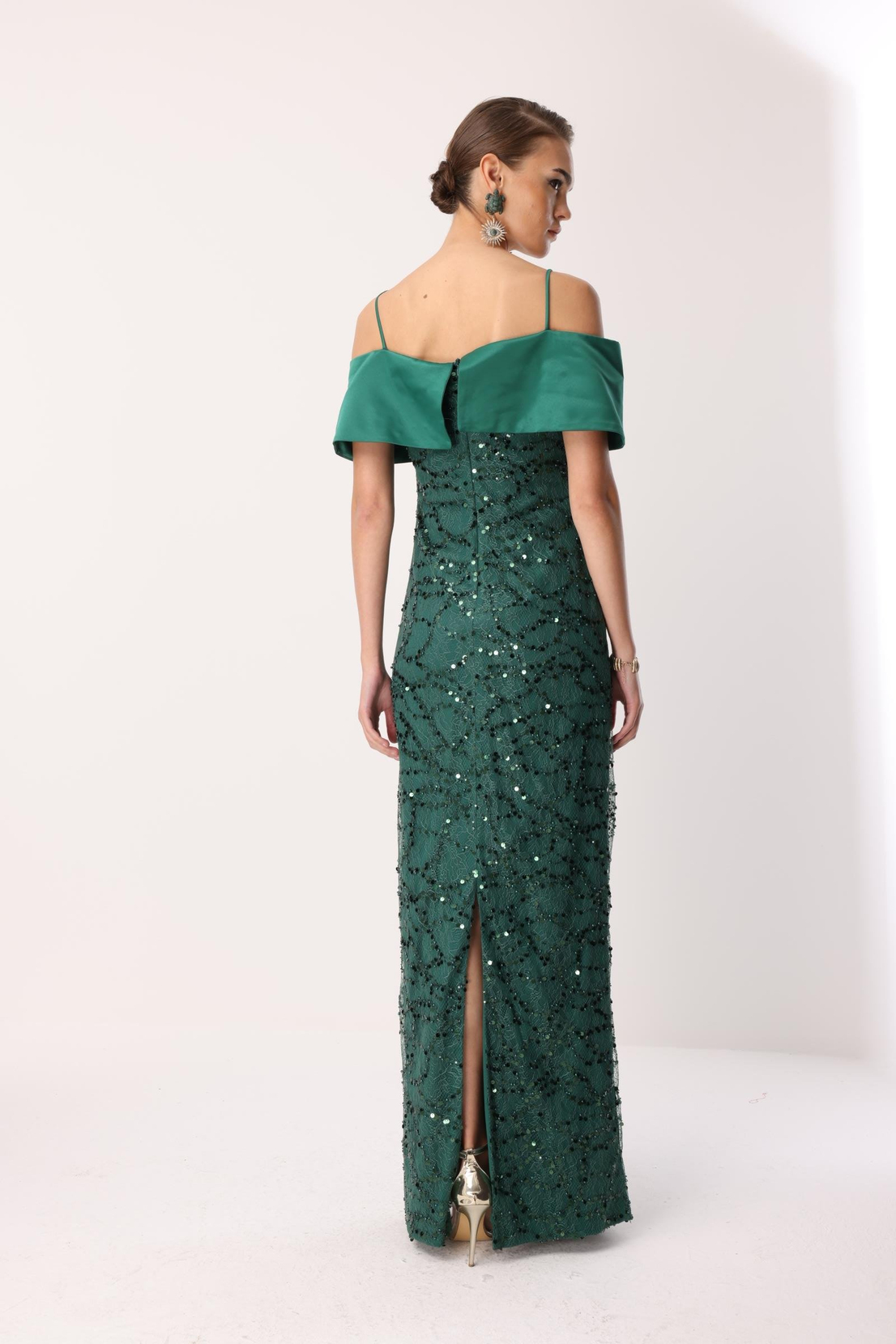 Dantel İşleme Detay Yaka Abiye ZÜMRÜT