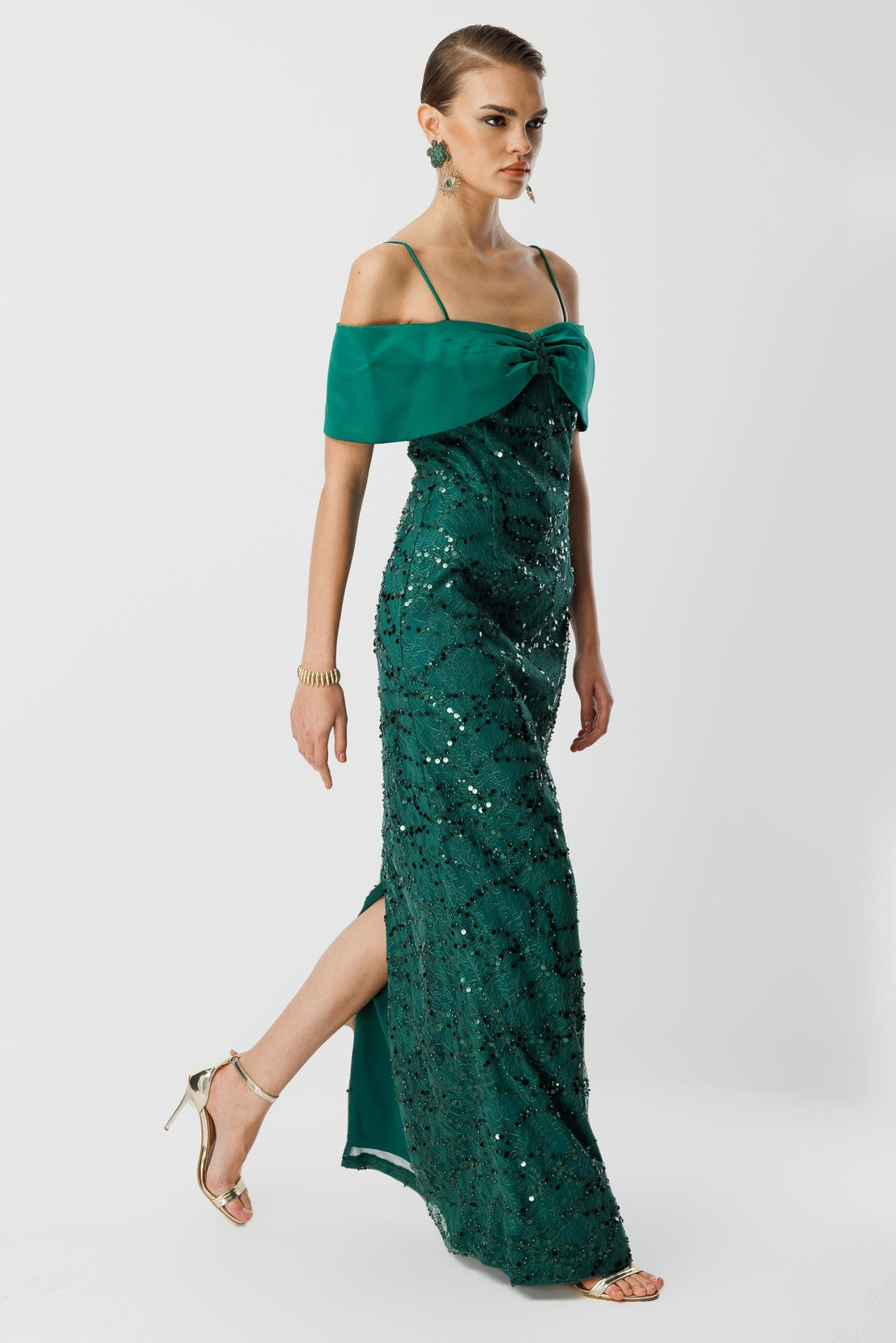 Dantel İşleme Detay Yaka Abiye ZÜMRÜT