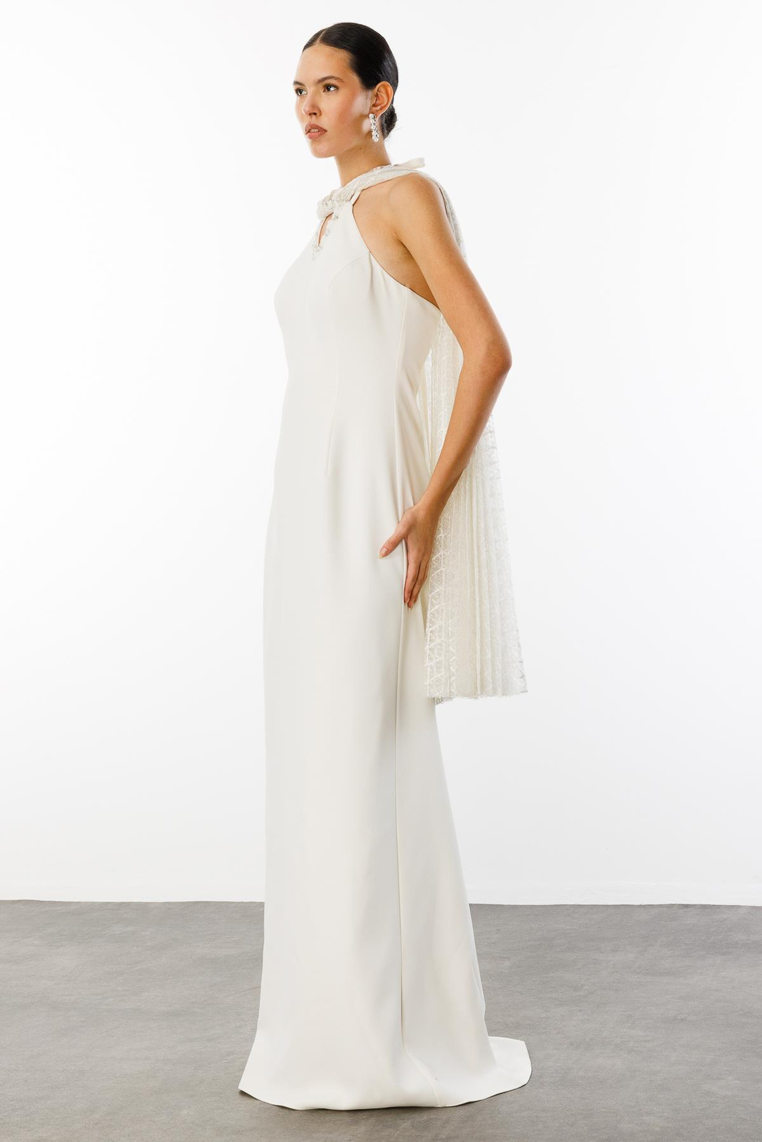 Dantel Pelerinli İşleme Detaylı Abiye Elbise EKRU