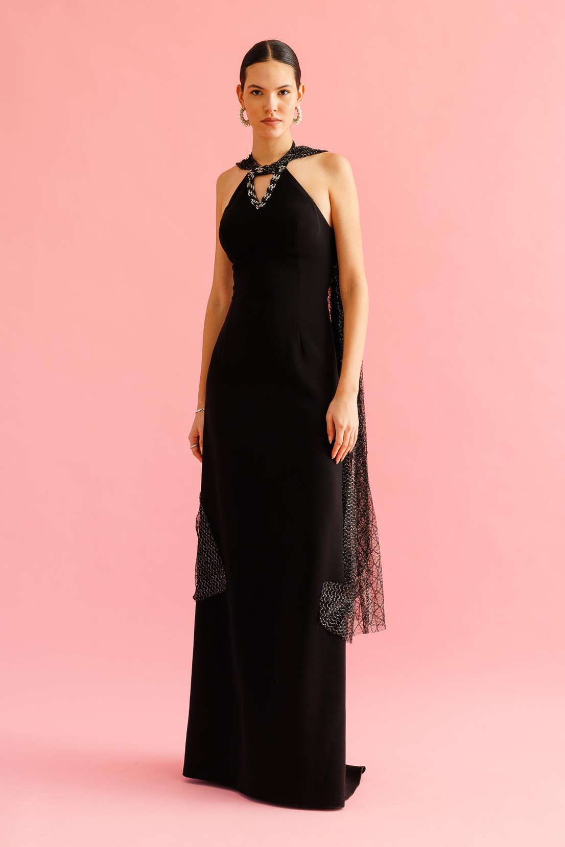 Dantel Pelerinli İşleme Detaylı Abiye Elbise SİYAH