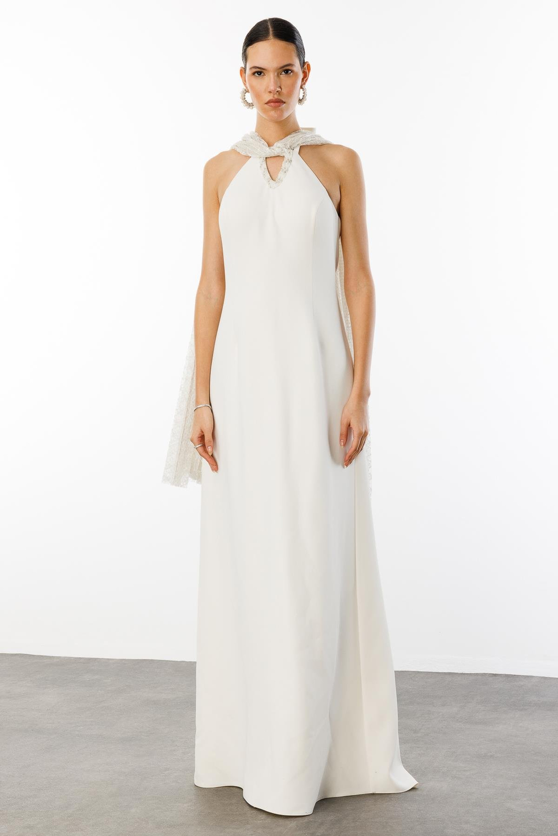 Dantel Pelerinli İşleme Detaylı Abiye Elbise EKRU