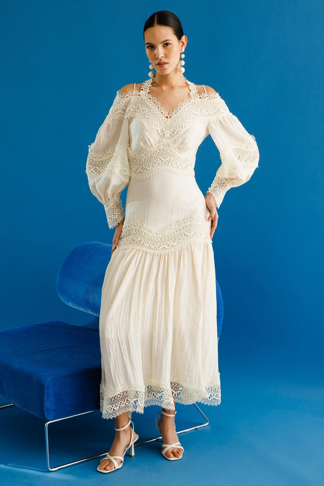 Dantel Şeritli Boyundan Bağlama Detaylı Elbise EKRU