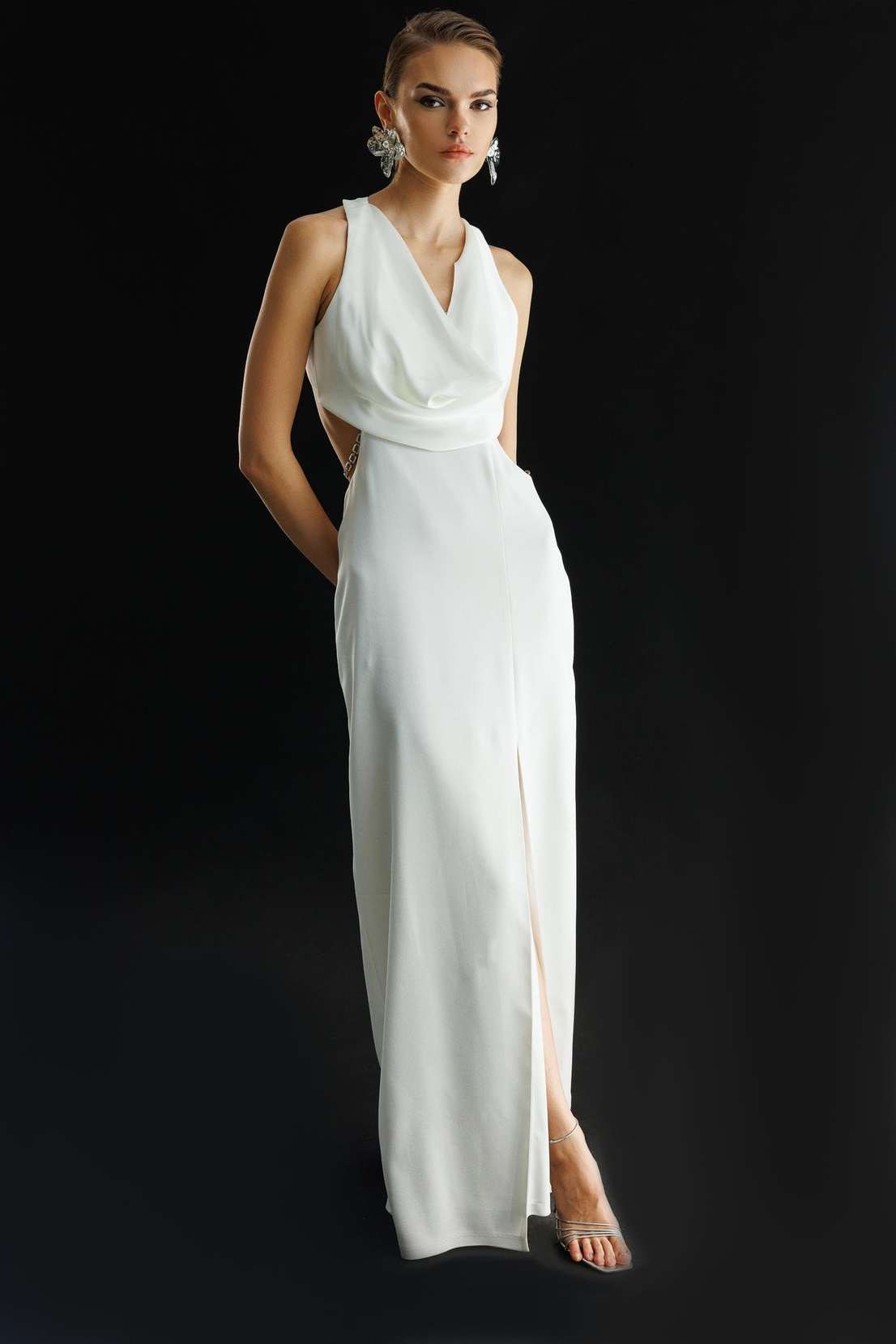 Degaje Detay Zincirli Maxi Boy Abiye EKRU