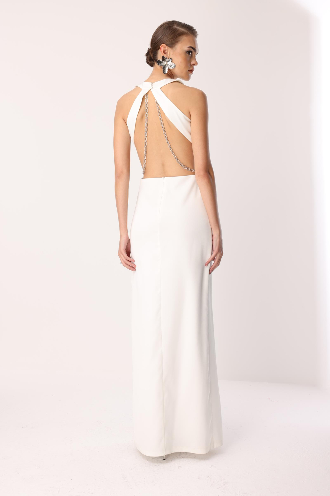 Degaje Detay Zincirli Maxi Boy Abiye EKRU